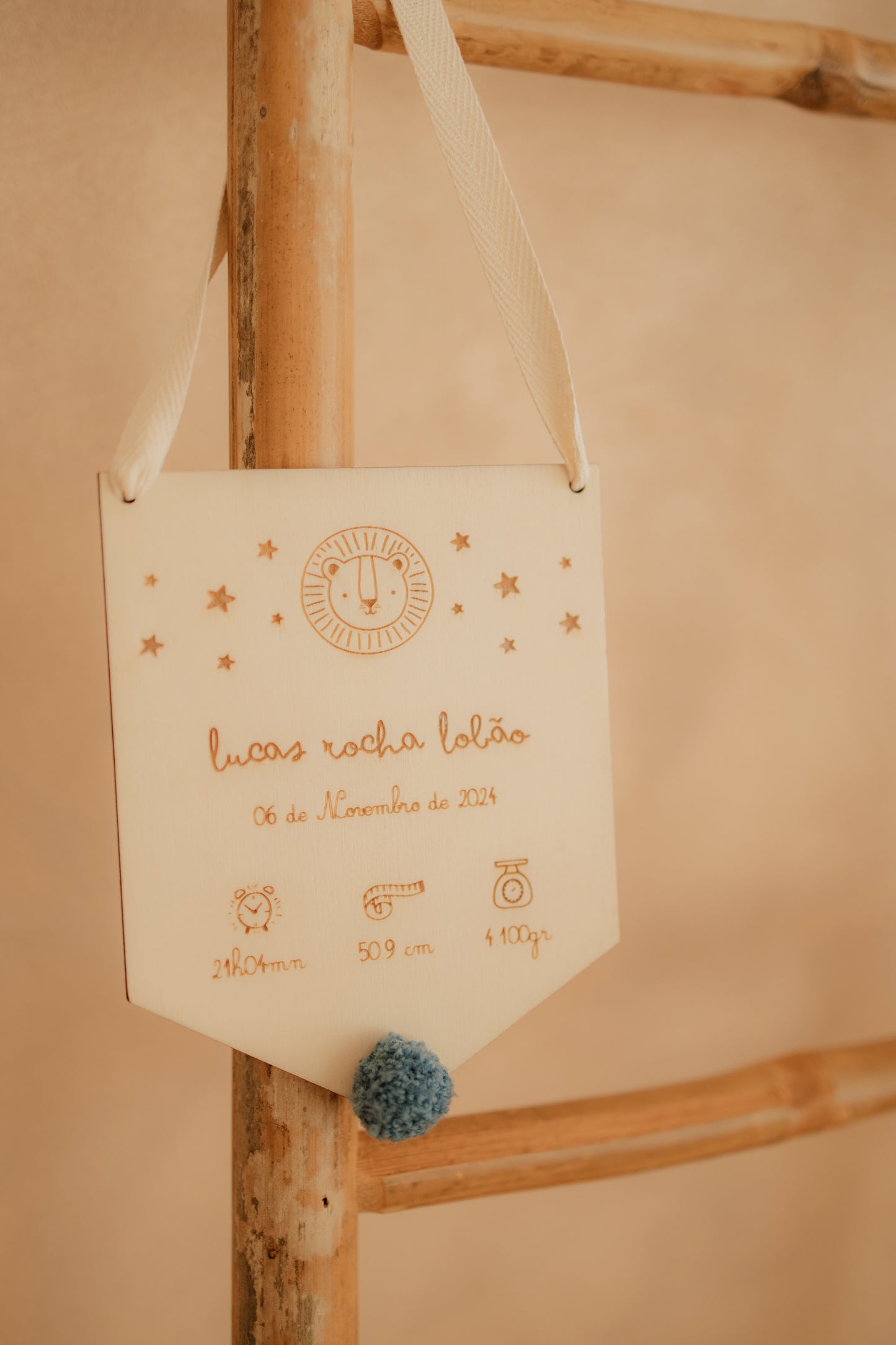 Placa Decorativa em Madeira com Leão e Pompom Azul