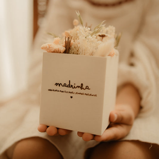 Presente Natal Padrinhos - Vaso de Madeira com Flores Secas